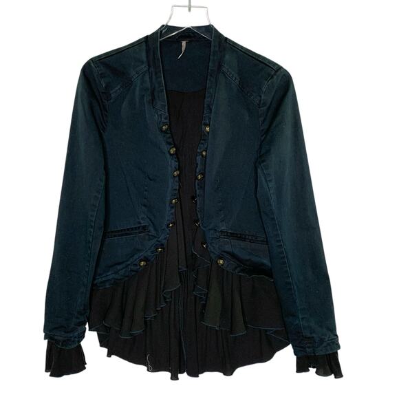Free People S Ruffles Mixed Media Jacket Charcoal Steampunk Grunge - Picture 2 of 10